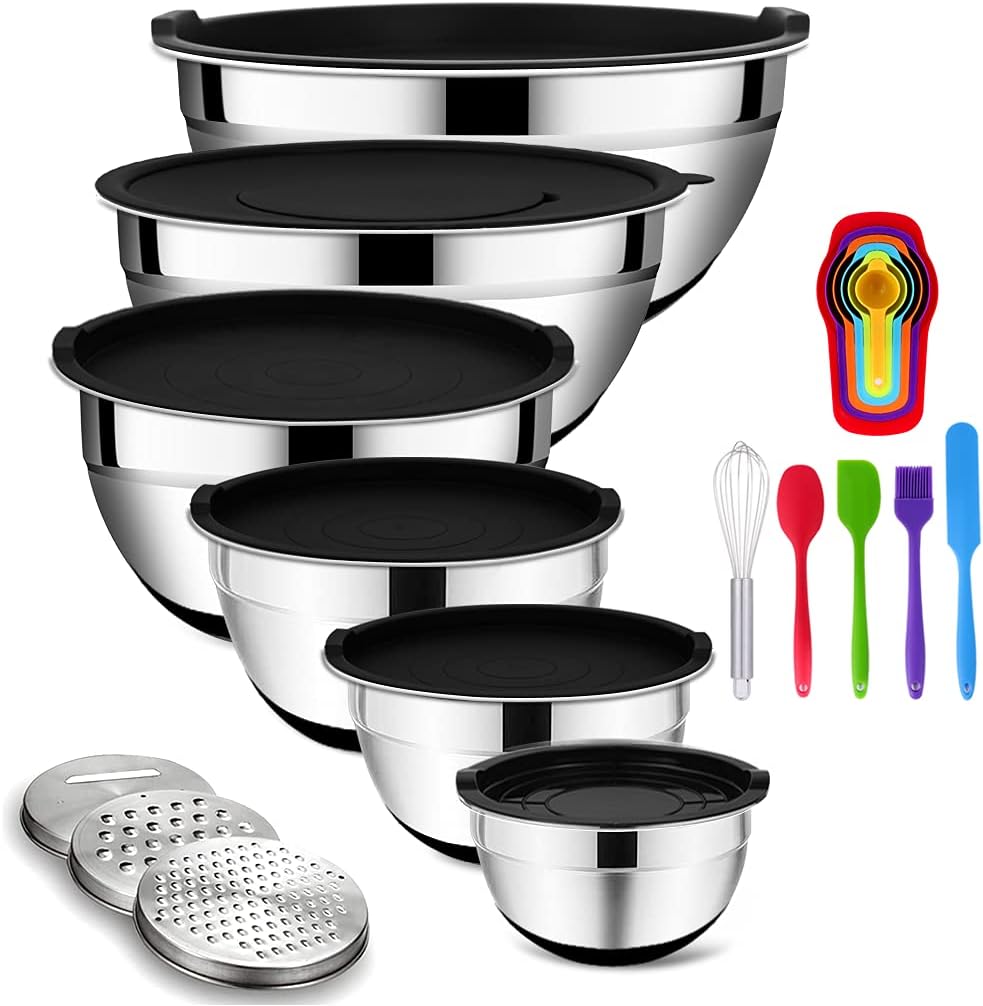 Rottay Mixing Bowls Set - 20PCS Stainless Steel Nesting Bowls with Airtight Lids & Grater Attachments | Non-Slip Bottoms