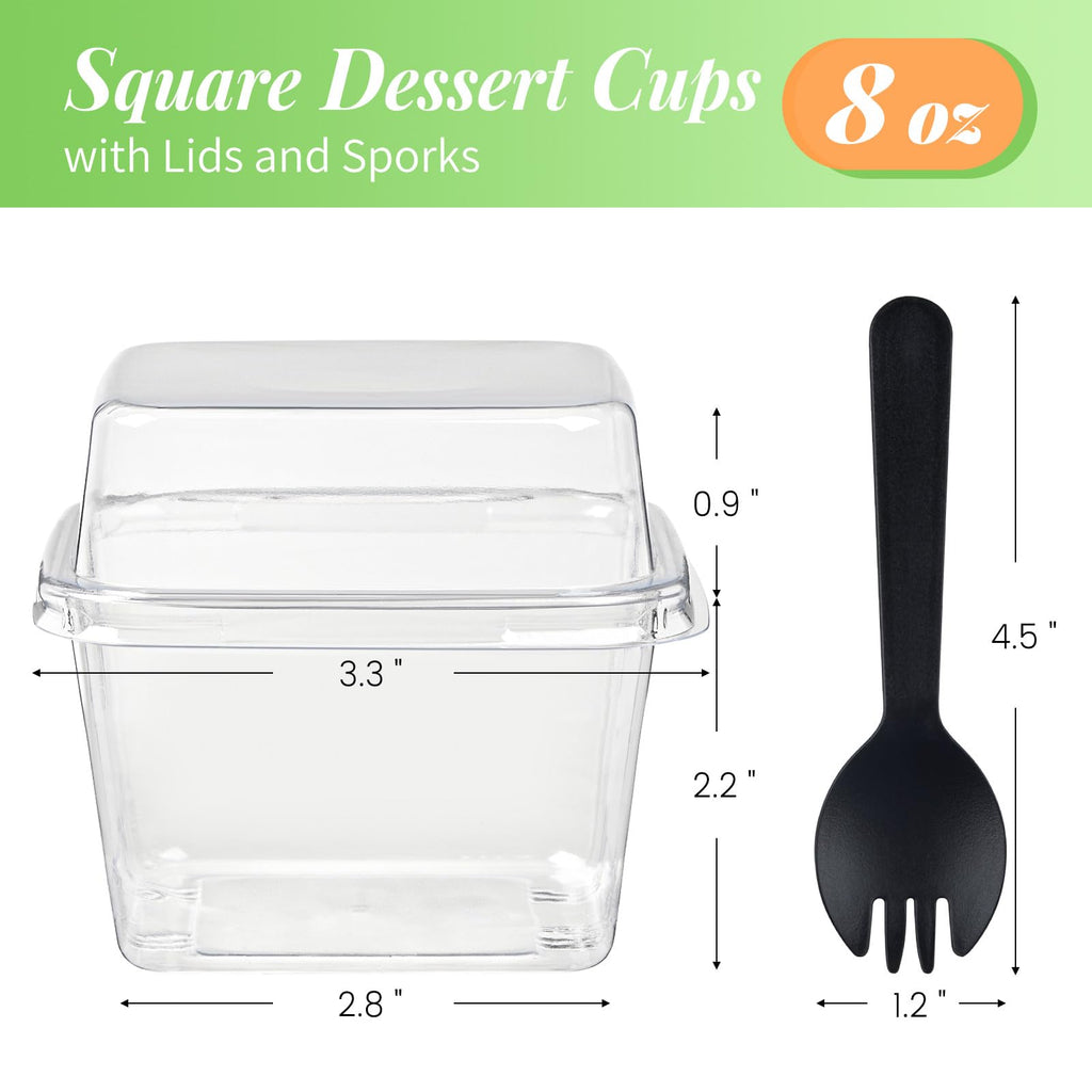Zezzxu 100 x 8 oz Dessert Cups with Lids and Spoons, Square Plastic Dessert To-Go Containers with Dome Lids & Sporks for Yogurt Parfait, Fruit, Pudding, Cake, Mousse, Tiramisu