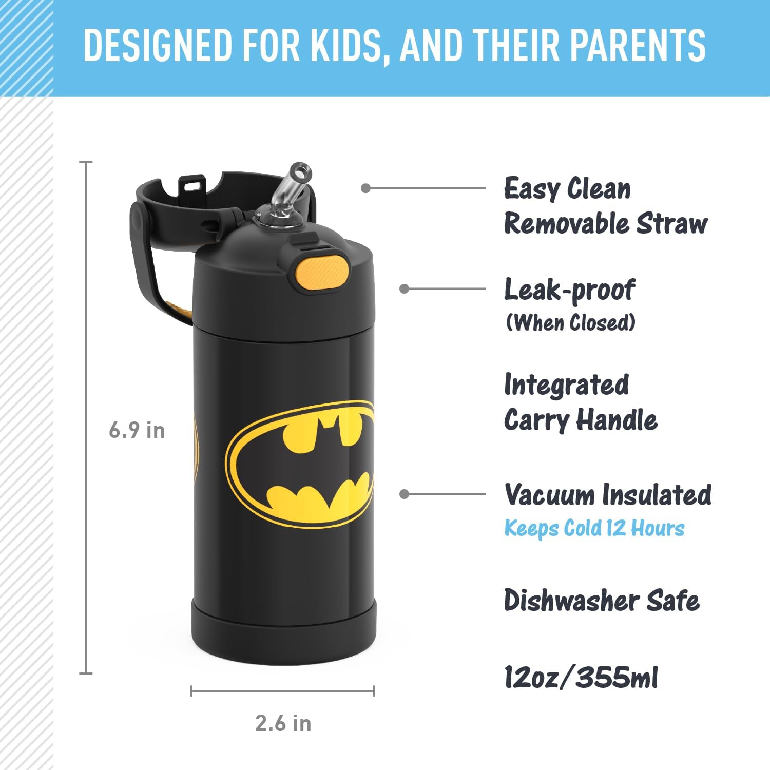 THERMOS FUNTAINER Kids Water Bottle - 12 Ounce Stainless Steel Vacuum Insulated with Straw | Batman Design