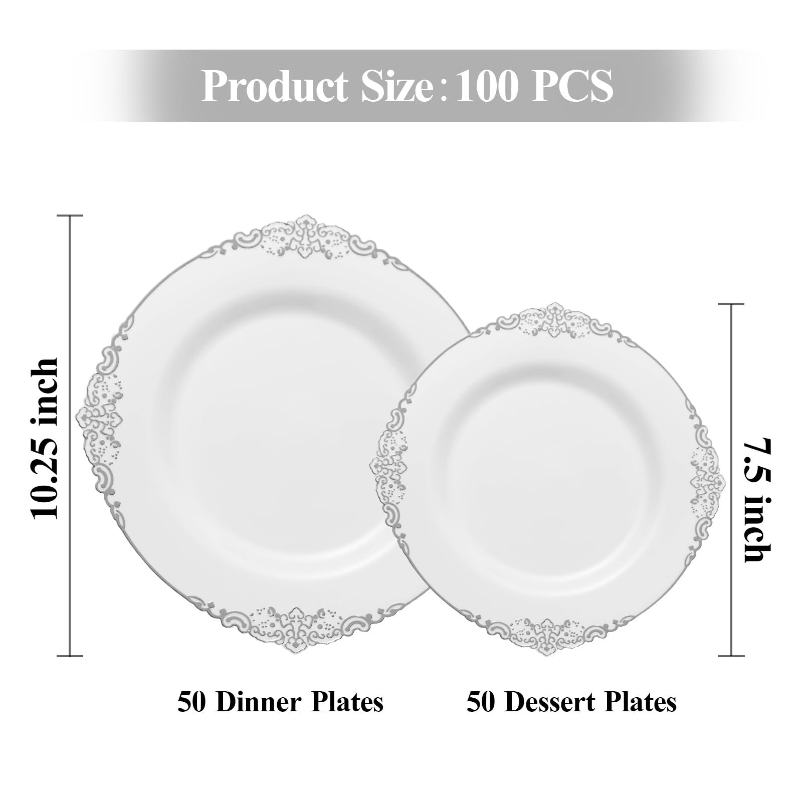 Bestluck 100 PCS White and Silver Plastic Plates for 50 Guests, Rose Gold Disposable Plates Include 50 PCS Dinner Plates, 50 PCS Dessert Plates for Party, Wedding and Baby Shower