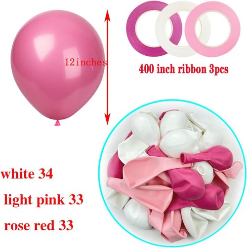 KADBANER 12-Inch Latex Balloons - 100 Pack in White, Pink & Light Rose Red for Weddings & Parties
