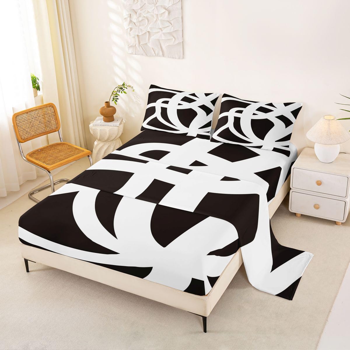 jejeloiu White and Black Bed Sheets Set Queen Size Geometric Sheet Set for Kids Stripe Line Sheets with Deep Pocket Fitted Sheet Women Men Teens Ultra Soft Abstract Modern ArtBedding