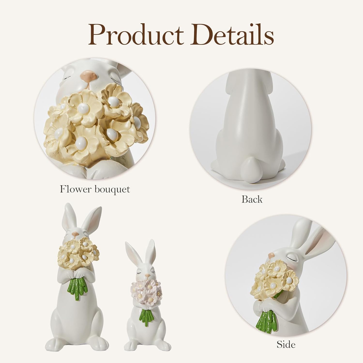 WDS WONDROUS Bunny Figurines Set - Cream White Bunnies with Pastel Flower Bouquets | Cute Spring Home Decor, Set of 2