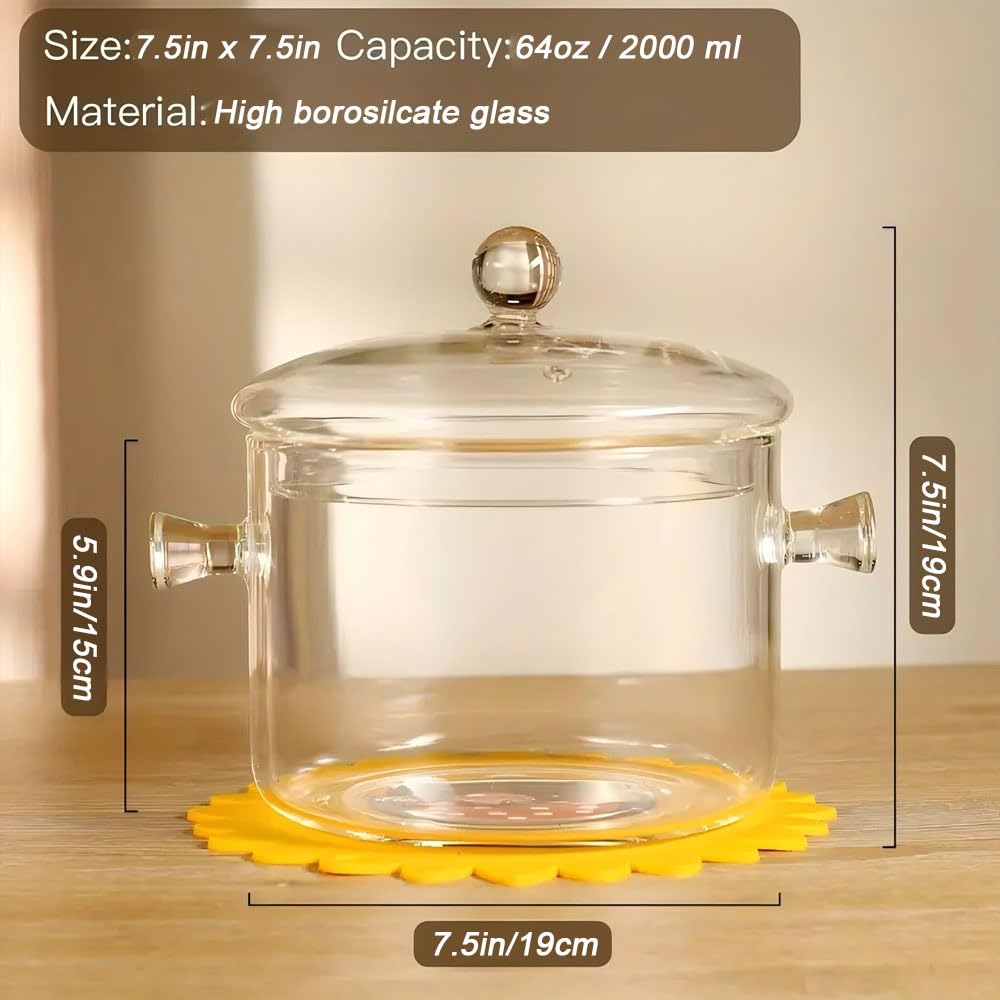 Glass Cooking Pot - 2L/67oz Heat-Resistant Borosilicate Glass Handmade Cookware Set stovetop Pot - Safe for Pasta Noodle, Soup, Milk (1900ml - Double-handled pot)