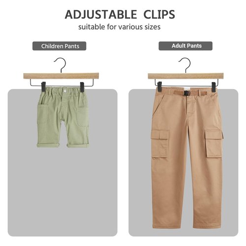 Nature Smile Deluxe Wooden Pants Hangers,Solid Rubber Wood Jeans Skirt Hanger with Black Adjustable Clips and Rotatable Hook Pack of 10(Natural Varnished)