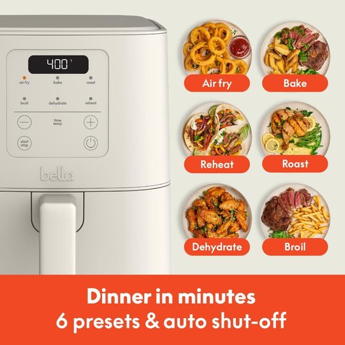 Bella 4Qt Slim Air Fryer - EverGood™ Ceramic Nonstick, Adjustable Temp, 6 Cooking Presets, Oatmilk