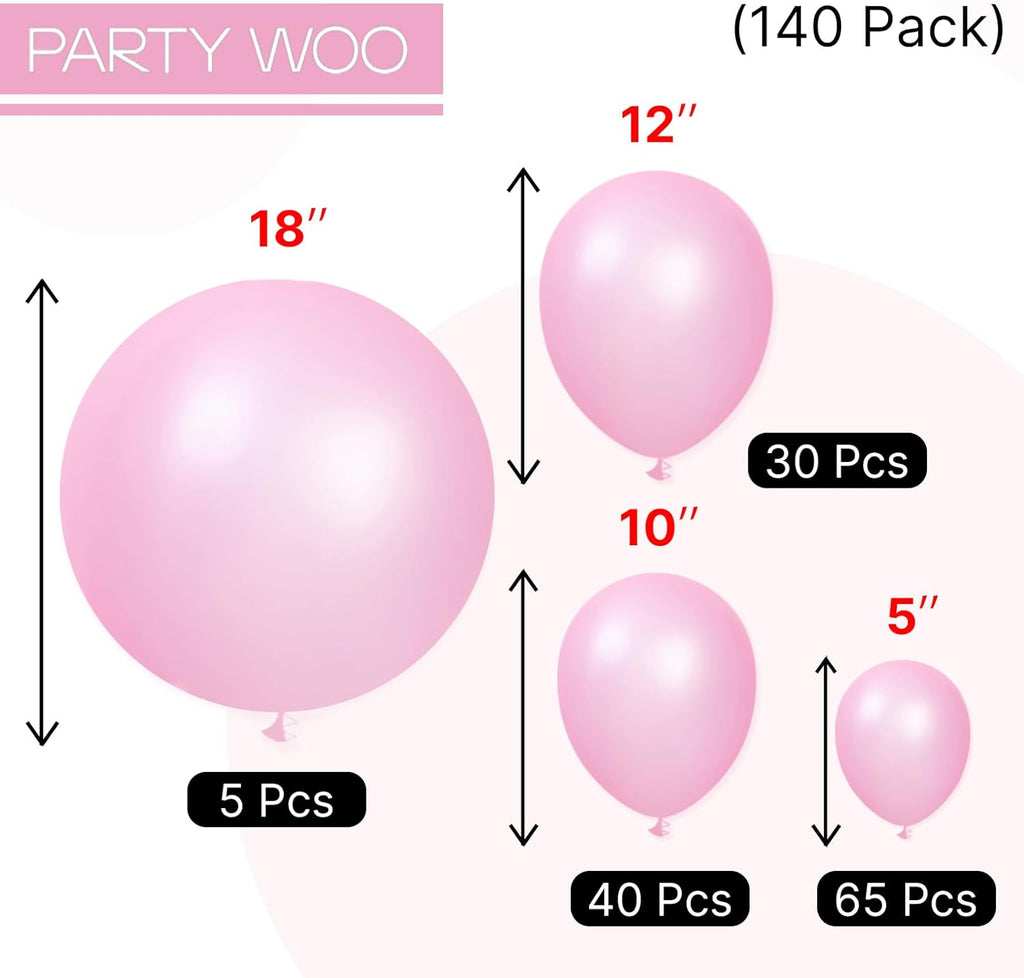 PartyWoo Pearl Pink Balloons - 140-Piece Arch Kit with Various Sizes for Baby Showers & Birthday Parties