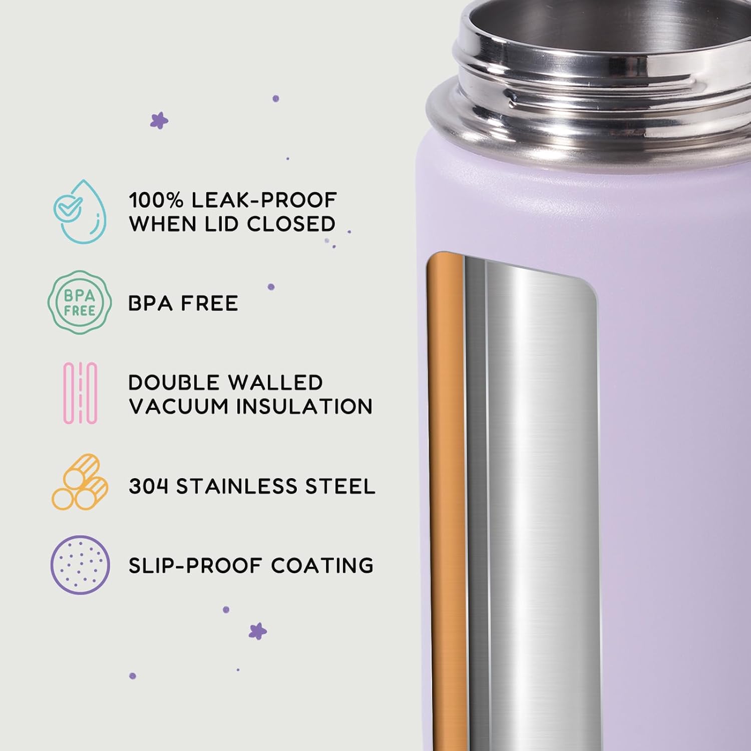 Skiennix 12oz Kids Water Bottle - Stainless Steel, Vacuum Insulated, Leak-Proof, Purple