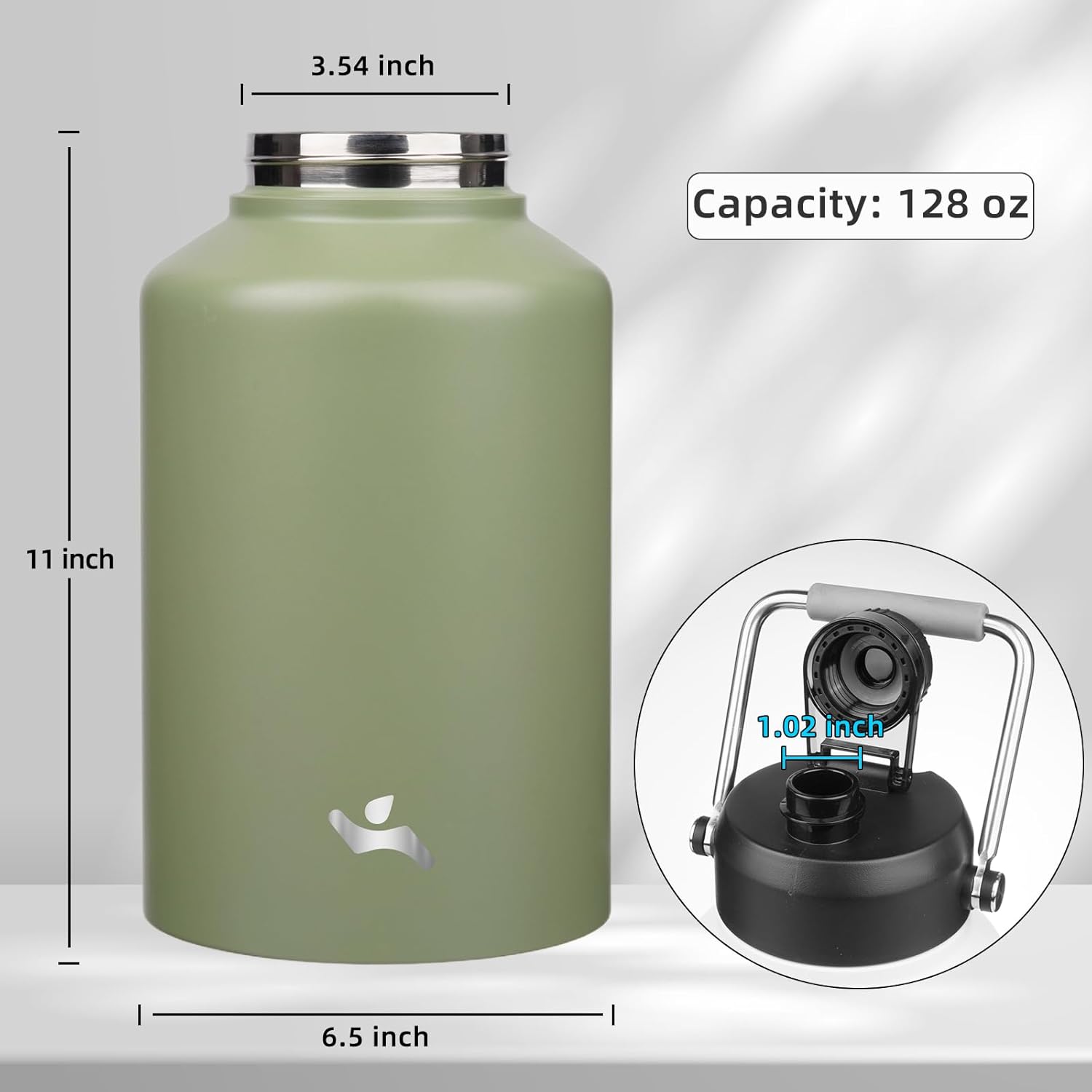 Skiennix 1 Gallon Insulated Water Bottle - 128 oz Double Wall Vacuum Stainless Steel | Camp Green with Carrying Pouch