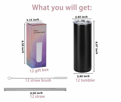 12 Pack 20 Oz Straight Skinny Tumblers,Individually Gift Boxed Stainless Steel Slim Skinny Tumbler Set Bulk, 20 Oz Insulated Slim Thin Travel Tumbler Cup for Diy, Black