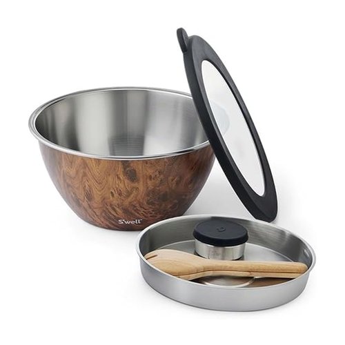 S'well Stainless Steel Salad Bowl Kit XL 184oz, Teakwood, Includes 5oz Canister For Dressing, Serving Utensils, and Removable Tray, Leakproof, Easy to Clean, Dishwasher and Refrigerator Safe