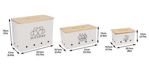 Kitchen Vegetable Storage Tins Set of 3 for Potato Onion & Garlic with Wooden Lid, Kitchen Storage Canisters Set, Long Shelf Life - White