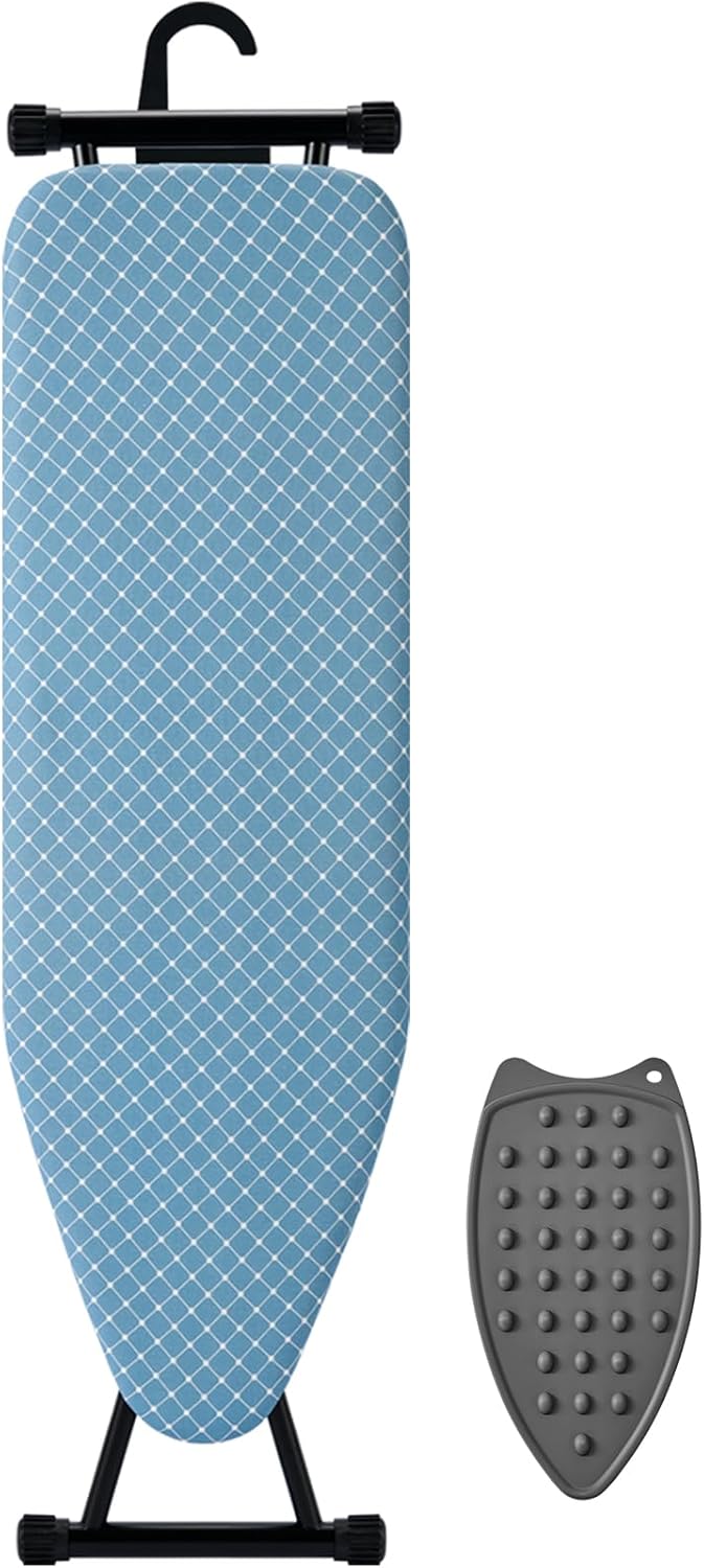BKTD Compact Ironing Board - Adjustable Height, Heat Resistant Surface | Space-Saving Design, 13 x 43 Inches, Diagonal Checkered Blue