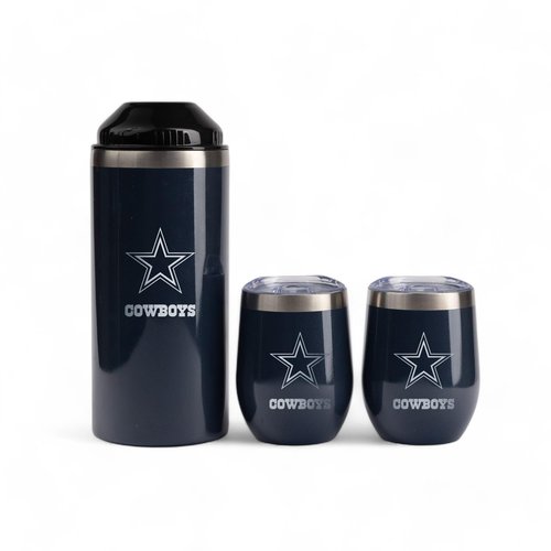 The Memory Company Officially Licensed Wine Bottle Chiller with 2 Ceramic Lined 12oz. SS Stemless Wine Tumblers, Dallas Cowboys