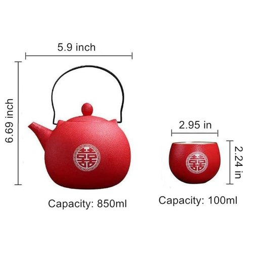 SJDHAHC Red Chinese Wedding Tea Set - Traditional Ceramic Double Happiness Tea Ceremony Set with 1 Teapot, 8 Teacups, Gift Box - Chinese Tea Set for Engagements, Bridal Showers and Couples' Gifts