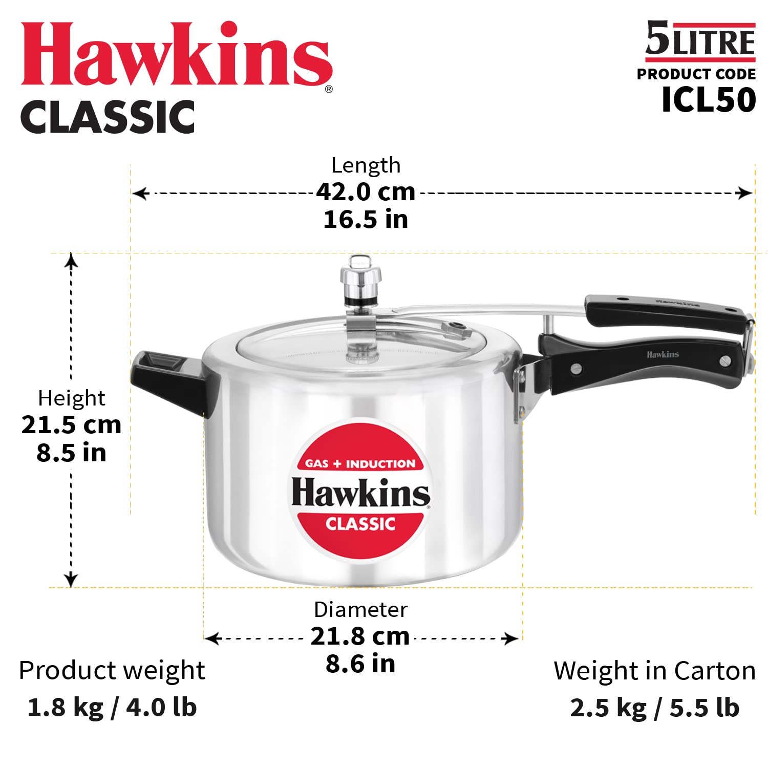 Hawkins Aluminium Classic Pressure Cooker, Induction Inner Lid Cooker, Pan Cooker, Best Cooker, Silver Icl50 5 Litre