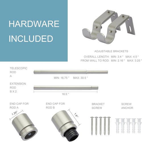 Byondeth Adjustable Curtain Rods - 16 to 60 Inches | 1-Inch Diameter, Brushed Nickel Finish