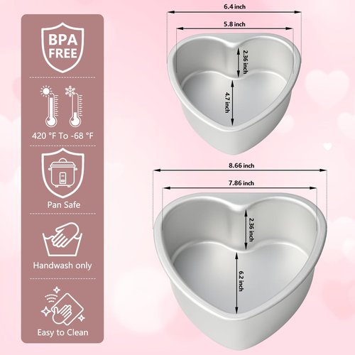 TAOUNOA Heart Shaped Cake Pans 6 Inch and 8 Inch Set of 2 Aluminum Heart Cake Pans with Removable Bottoms for Baking Romantic Desserts