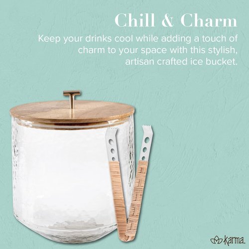 Karma, Glass Ice Bucket Airtight Lid with Tongs - 4.25L Beverage Tub Cocktail Home Bar Accessories, Wine, Beer - Chiller for Parties, Champagne Drink Cooler, Clear