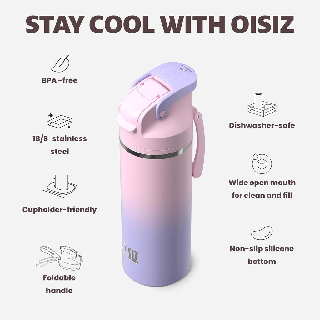 OISIZ Insulated Water Bottle - 20 oz Vacuum Stainless Steel with 2-in-1 Spout & Straw Lid | 24H Cold Retention