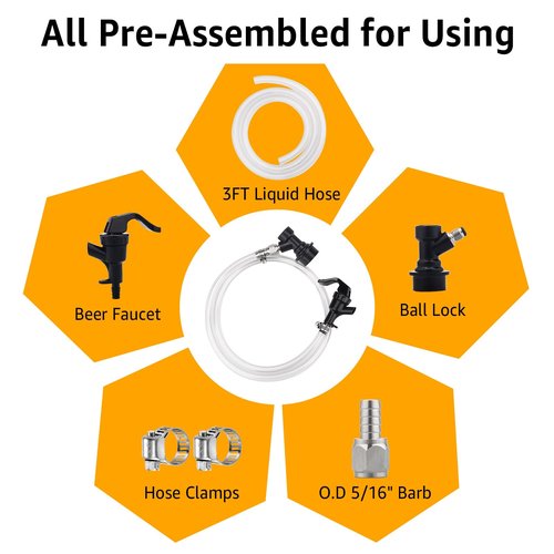 Dbgogo 3FT Ball Lock Beer Line Assembly Kit - 5/16" Liquid Line with Picnic Tap Faucet & Quick Disconnect PVC Tubing Ball Lock Picnic Tap for Corny Keg Ball Lock Keg Beer Dispenser Soda Dispensing