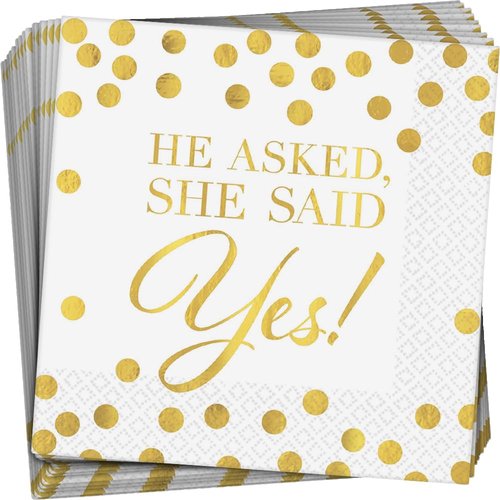 Elegant Gold & White "He Asked, She Said Yes!" Hot Stamped Beverage Napkins - 5" x 5" (Pack Of 16) | Sturdy Paper Materials | Perfect For Weddings & Engagements Celebrations