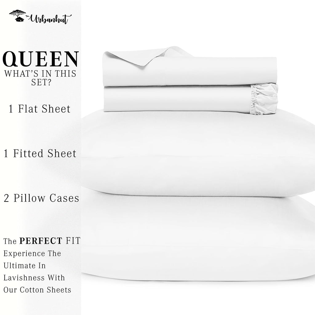 URBANHUT 100% Cotton Sheets Queen Size, 4 Piece Hotel Style Sheet Set Bed Sheet for Queen Size Bed, Sateen Weave Sheets, 16'' Elasticized Deep Pocket - White