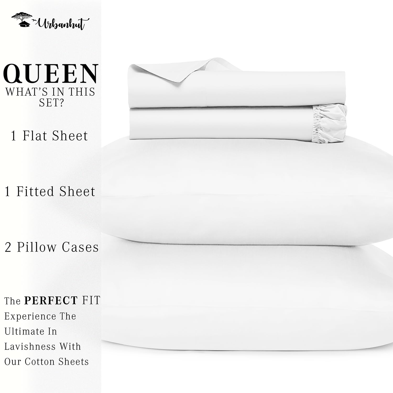URBANHUT 100% Cotton Sheets Queen Size, 4 Piece Hotel Style Sheet Set Bed Sheet for Queen Size Bed, Sateen Weave Sheets, 16'' Elasticized Deep Pocket - White