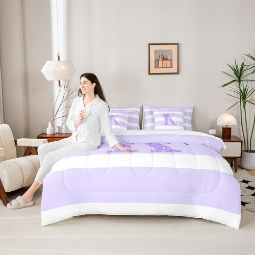 Erosebridal Monogram Letter K Full Size 7 Piece Bedding Set for Kids Purple Bow Bed in A Bag Personalized Glitter Initial Comforter Set for Girls Teens Bedroom Decor Modern Aesthetic Stripes Bed Sets