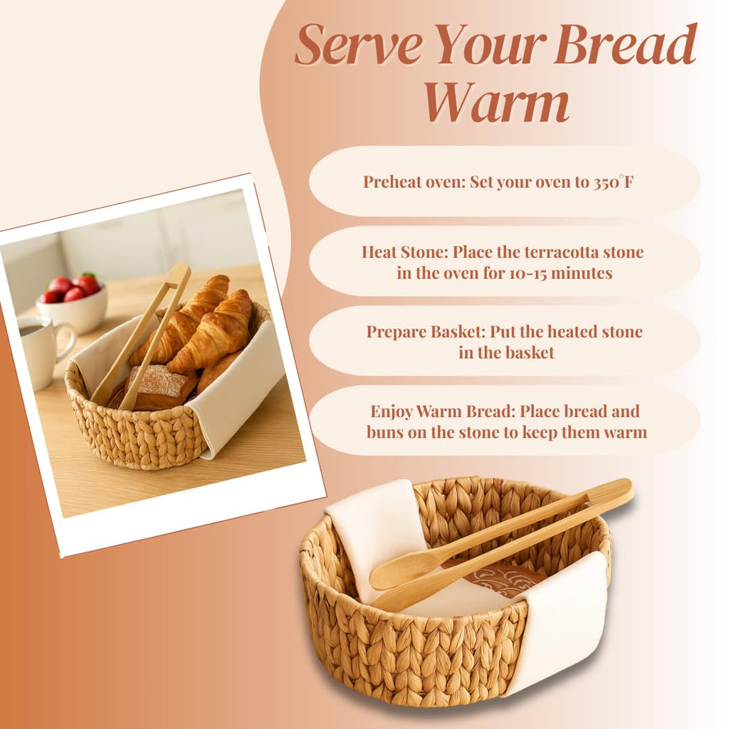 Premium Bread Basket with Warmer – Woven Serving Basket with Terracotta Warming Stone & Tongs, Keeps Bread Warm Longer, Modern Table Basket for Bread, Rolls & Tortillas, Mothers day, Mothers day gift