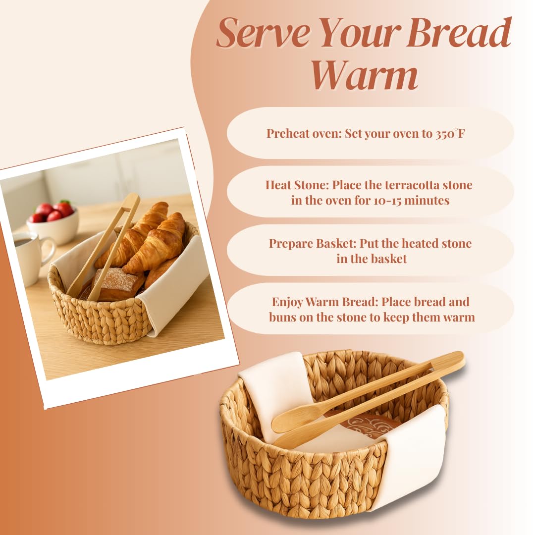 Premium Bread Basket with Warmer – Woven Serving Basket with Terracotta Warming Stone & Tongs, Keeps Bread Warm Longer, Modern Table Basket for Bread, Rolls & Tortillas, Mothers day, Mothers day gift