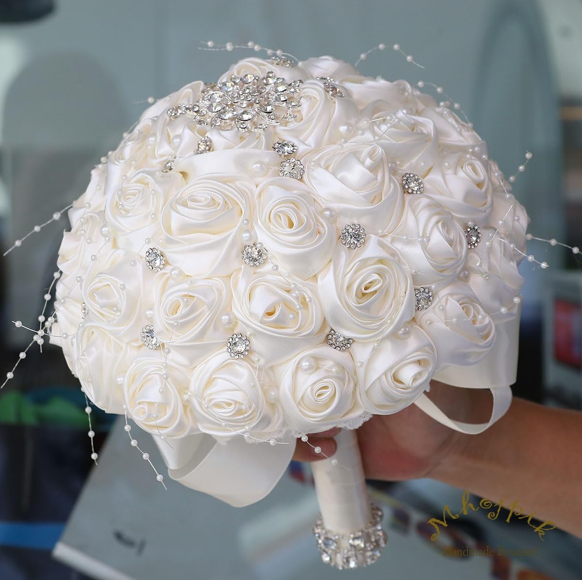Mhojpik Bridal Wedding Bouquet Round Bling Brooch Holding Bouquet Artificial Rose Flower Bunch for Bride Bridesmaid Wedding Quinceanera(Ivory, 9.8")