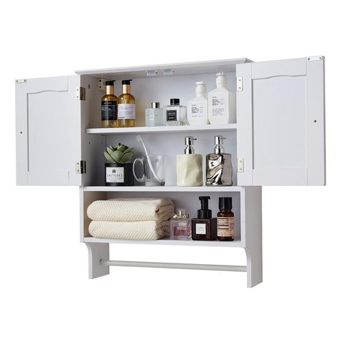 VEVOR Bathroom Wall Cabinet, 23" W x 27" H Storage Medicine Cabinet Wall Mounted, Hanging Organizer with Open Partition and Towel Bar for Laundry Room Kitchen, White