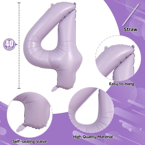 Light Purple Number 40 Birthday Balloons - 40 Inch Large Pastel Mylar Foil Balloons for 40th Anniversary Celebrations