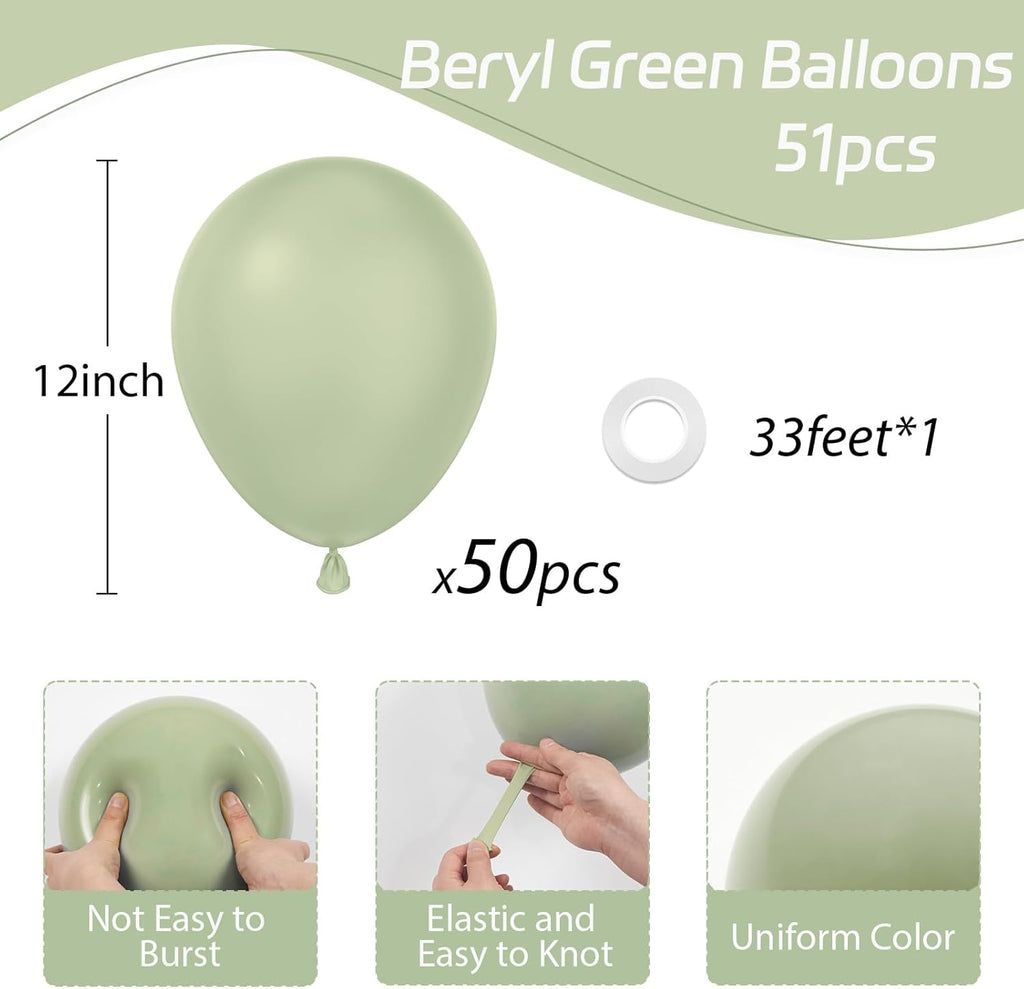 Sage Green Balloons | 12-Inch Dusty Green Party Balloons - 50pcs for Weddings & Celebrations