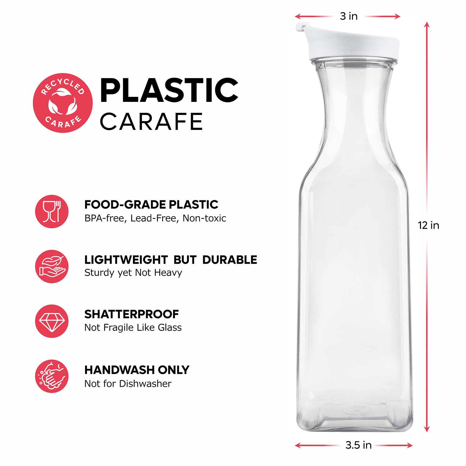 GUSTO [50 oz - 6 Pack] Plastic Carafe with Lid, Large Capacity Square Base - Clear Pitcher with Flip Top Lid, Easy-Pour Spout Juice Containers with Lids - Perfect for Mimosa Bar, Water, and Cold brew