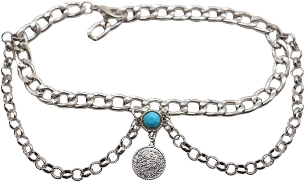Skiennix Women's Silver Boot Chain Anklet Set - Adjustable Ethnic Coin & Turquoise Beads | 11-15 in Curb Chain