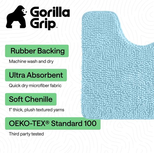 GORILLA GRIP Plush Chenille Bath Rug Mat - Soft Microfiber, Machine Washable, Oval Toilet Base, Sky Color