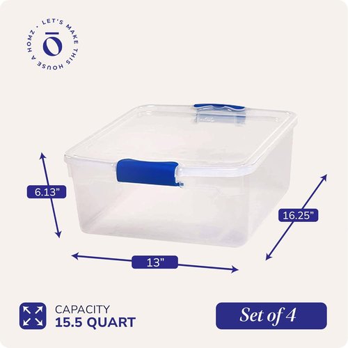 HOMZ 4-Pack Clear Plastic Storage Bins - 15.5 Quart Stackable Organizers for Home & Office