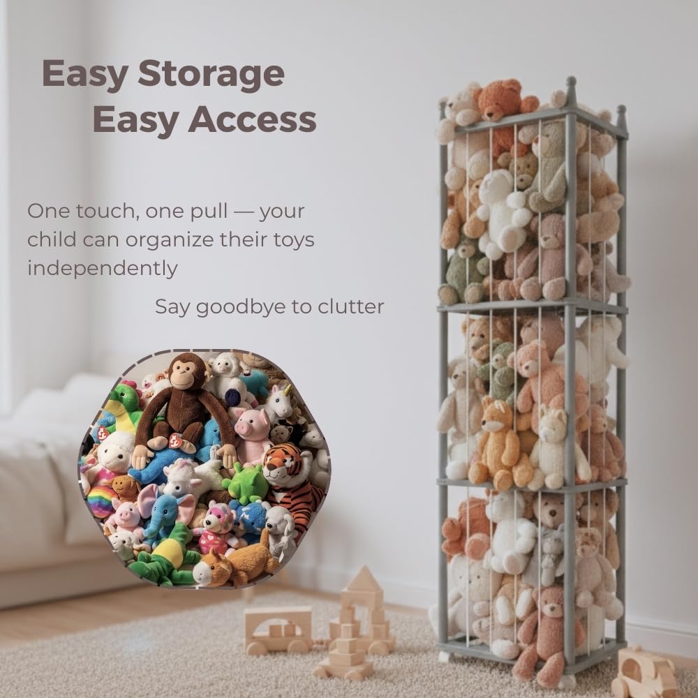 Wooden Stuffed Animal Storage Rack with Wheels, Wonder Space 54" Tall Toy Organizer for Kids Room, Water-Based Paint Finish, Safe & Eco-Friendly Plush Holder Shelf for Toddlers & Babies (Pink)