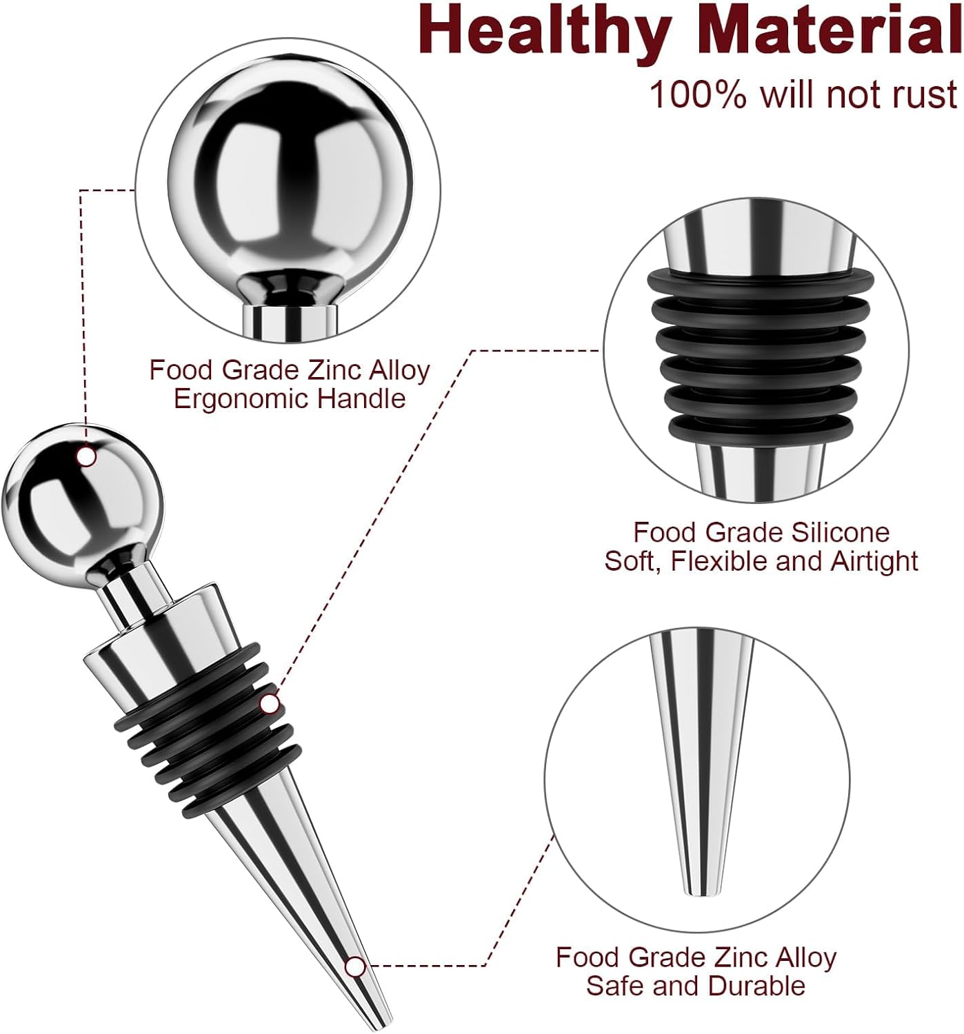 Wine Stoppers for Wine Bottles 6Pcs Vacuum Wine Bottle Stopper with Silicone Reusable Wine Corks, Leak proof Keep Fresh Suitable for Standard (Silver, 6 Pack)