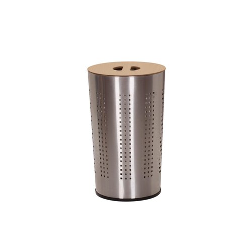 Household Essentials 7081-1 Round Metal Laundry Hamper - Removable Liner Bag and Wood Lid - Stainless Steel