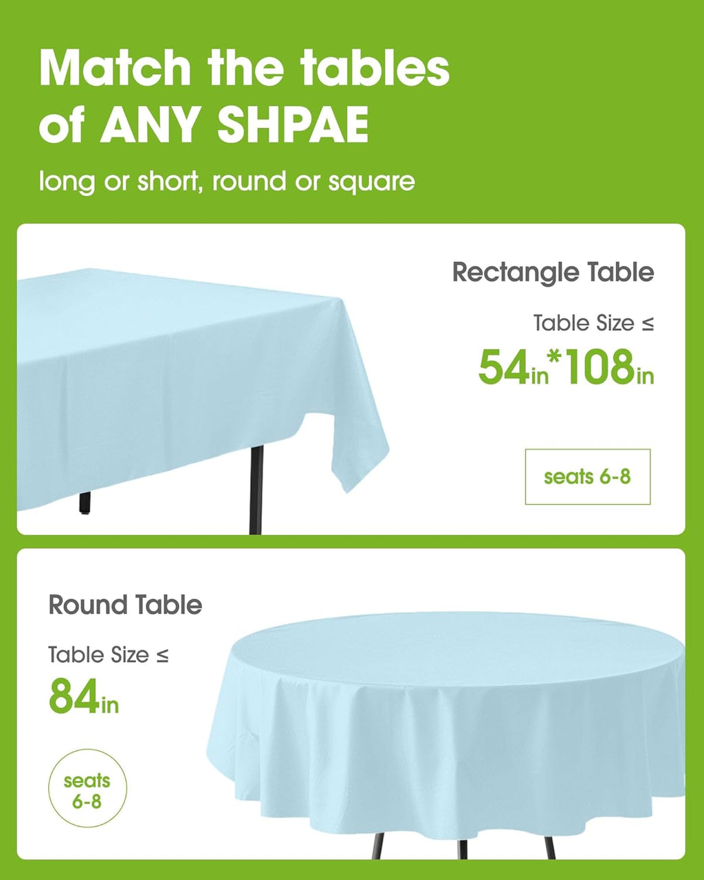 Pureegg Disposable Plastic Table Cloths - 54 x 108 Inch, Leakproof Baby Blue for Easter Parties & Weddings