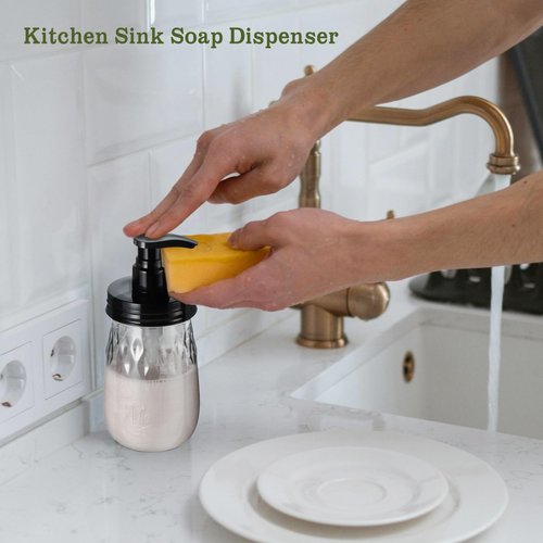 Amolliar Plastic Soap Dispenser with Pump Lid, 16 Oz Refillable Bathroom Hand Dish Soap Dispenser Set, Clear Kitchen Liquid Dispenser with Cute Lables for Farmhouse Shower (2 Pack, Black)