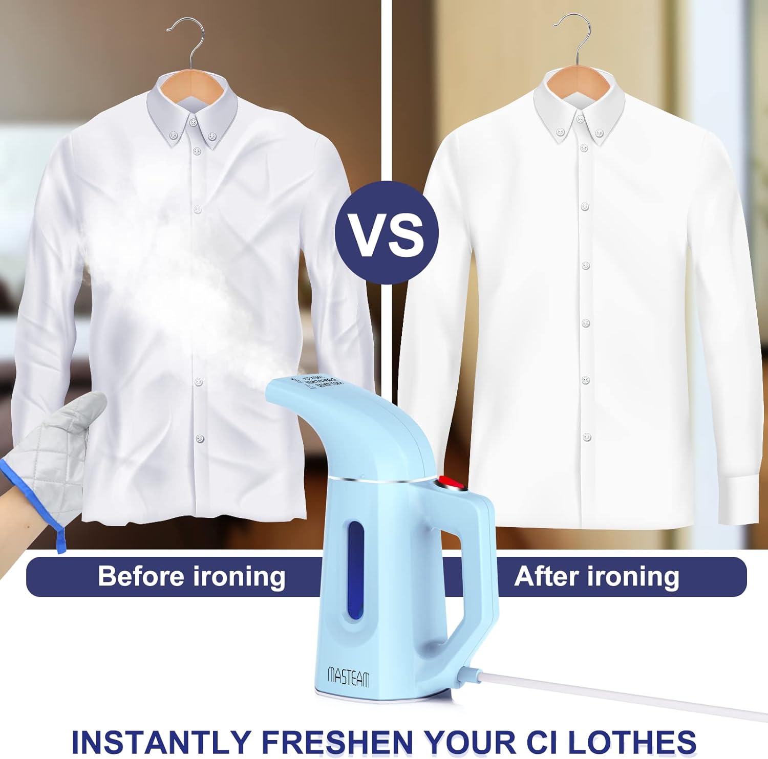 Skiennix Handheld Clothes Steamer - Fast Wrinkle Removal | Lightweight 1.5lbs, 800W, 8FT Cord, Blue