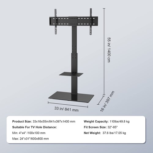 VEVOR Swivel TV Stand Mount, Adjustable Floor Stand for 32-85 Inch TVs, Holds Up to 110lbs, Height Adjustable with Tempered Glass Base, Max VESA 400x800mm for Living Room or Bedroom