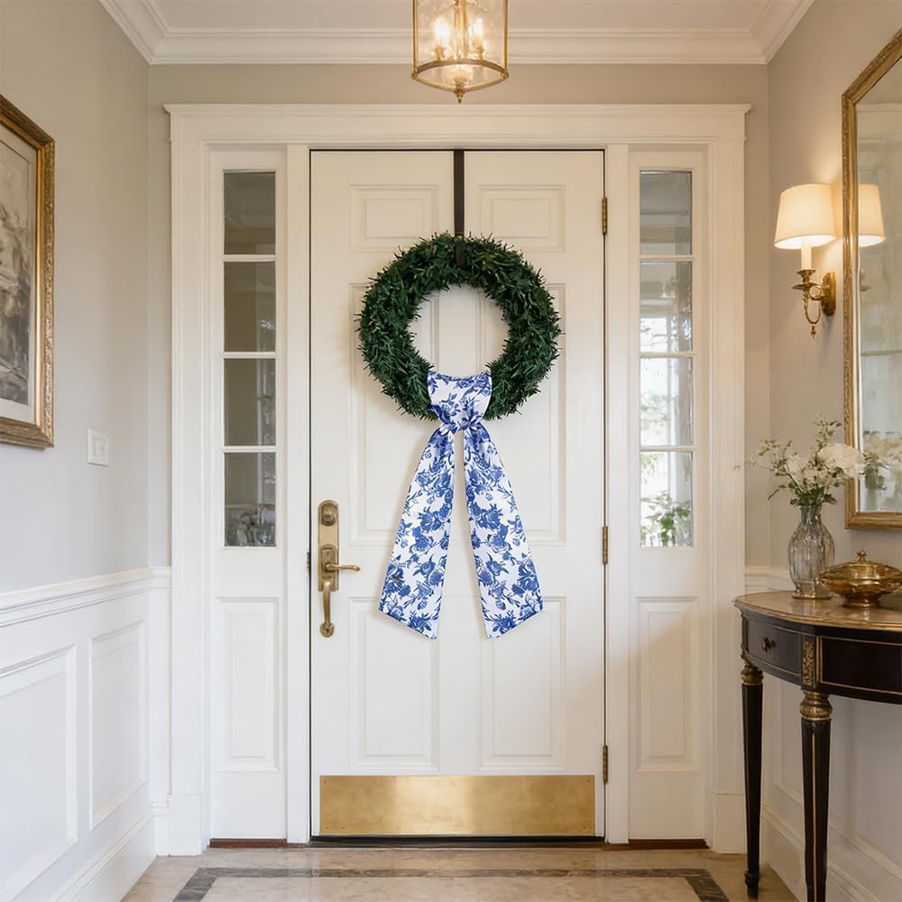 Tinsow Blue Floral Wreath Sash Bow - 2 Pack Chinoiserie Ribbon Scarf for Spring/Summer Door Decor