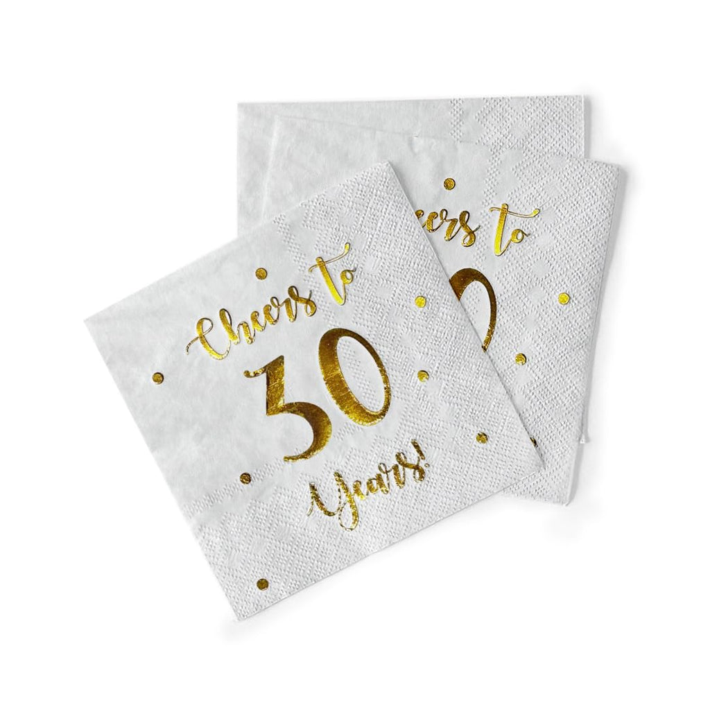 Cheers to 30 Years Cocktail Napkins | Happy 30th Birthday Decorations for Men and Women and Wedding Anniversary Party Decorations | 50-Pack 3-Ply Napkins | 5 x 5 inch folded (White)