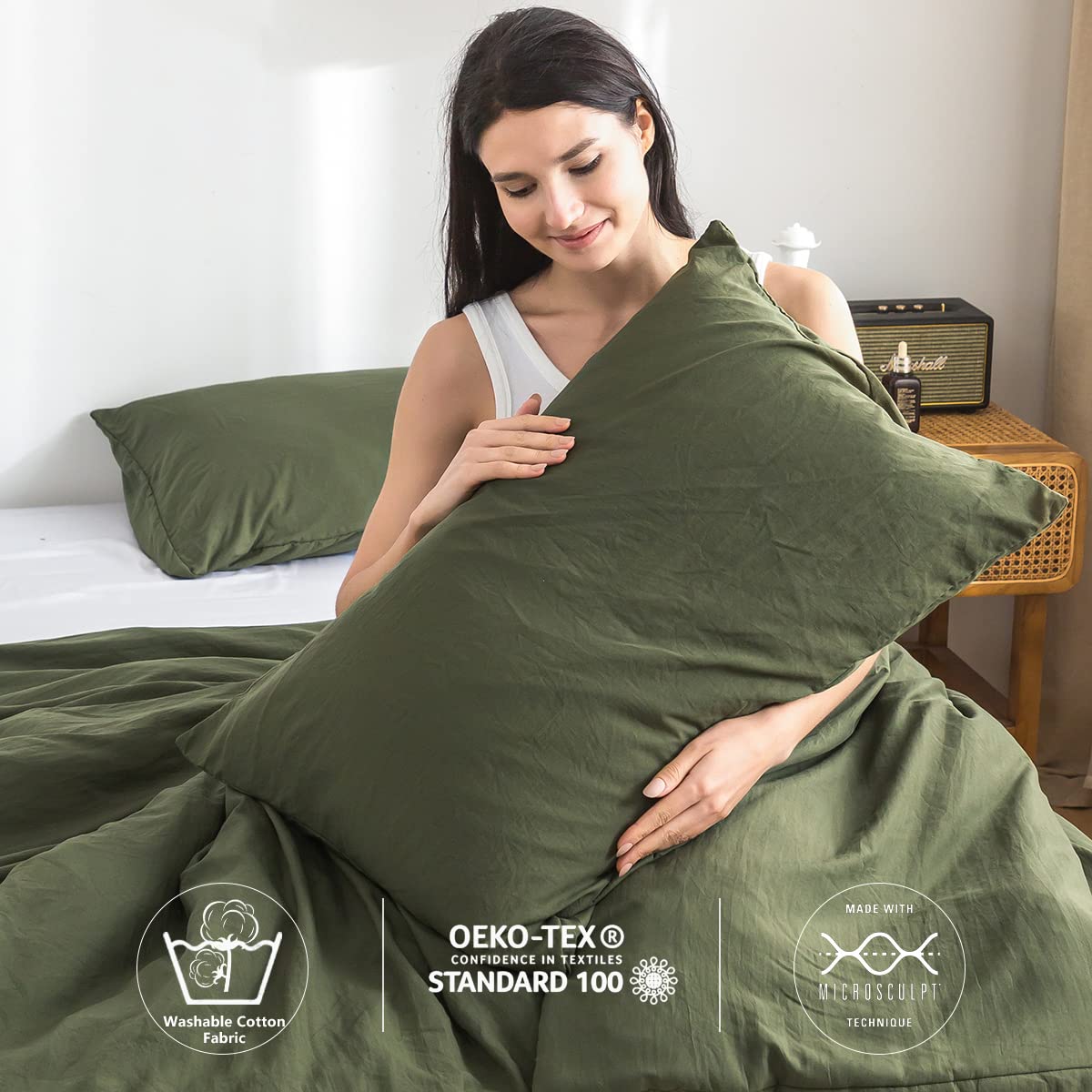 COTTEBED Ultra-Soft King Bedding Comforter Sets Bed, All Season Use Light Weight with Warm Fluffy Washed Cotton Microfiber,1 Bed Blanket Comforter & 2 PillowSham(King/California King Dark Olive Green