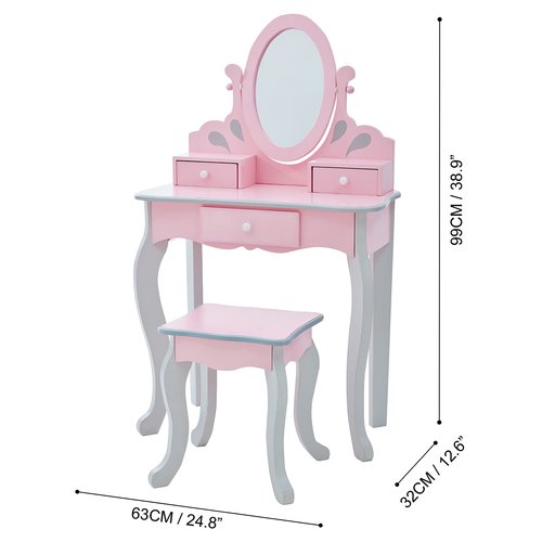 Teamson Kids Princess Rapunzel Wooden 2-pc. Play Vanity Set with Three Storage Drawers, Rotating Oval Mirror and Matching Stool to Play Dress-Up, Princess or Beauty Salon, Pink and Gray